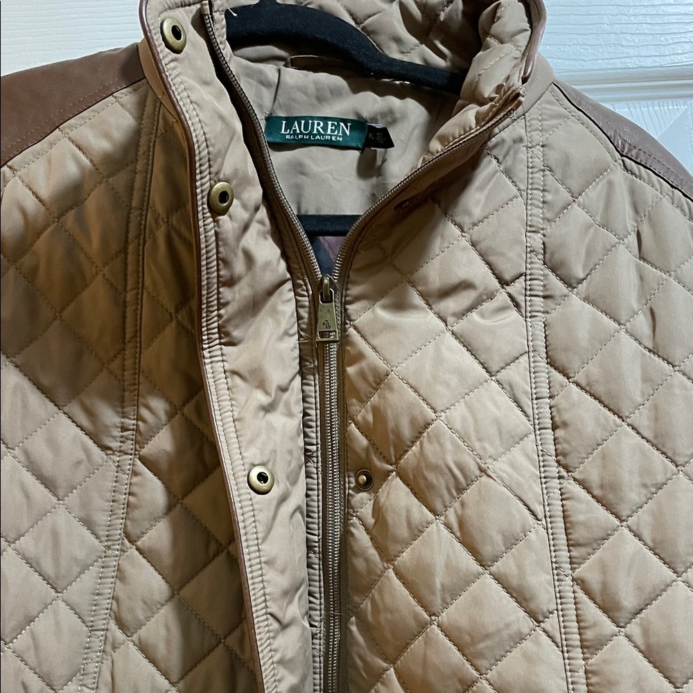 Lauren Ralph Lauren Faux-Leather-Trim Quilted Brown/Tan Jacket - Picture 11 of 15